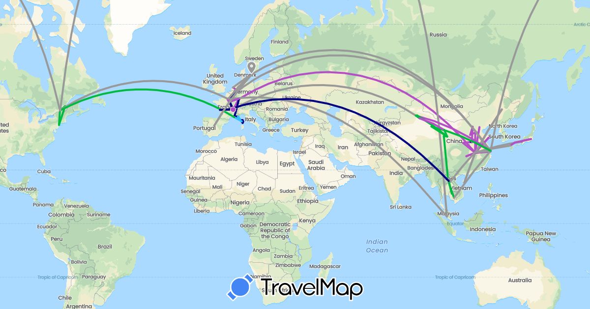 TravelMap itinerary: driving, bus, plane, train, boat in Canada, China, Germany, Denmark, Spain, France, Japan, Cambodia, Laos, Malaysia, Netherlands, Sweden, United States (Asia, Europe, North America)